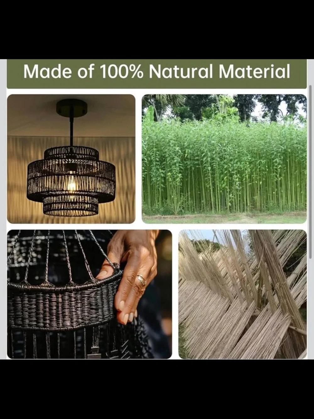NIB 12.4” Black Boho Rattan Chandelier Light Fixture, 1-Light Hand Woven Pendant